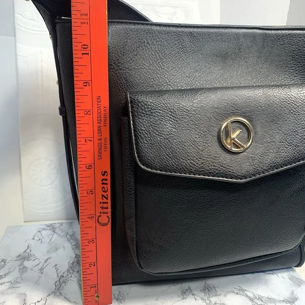 Kensie Front Pocket Shoulder Bag Adjustable Strap Black Brass Hardware Crossbody